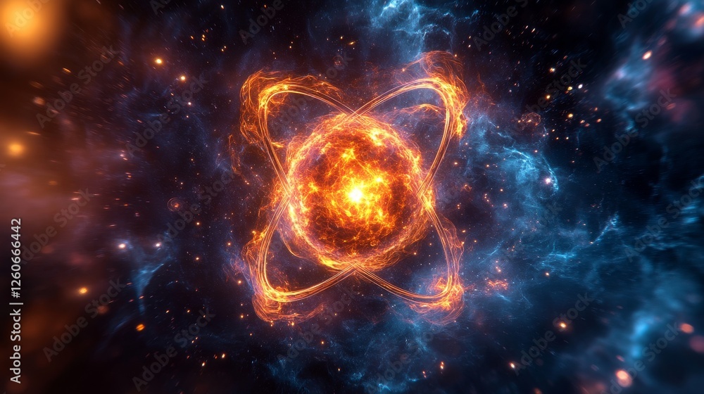 Obraz premium Fiery Cosmic Core - A vibrant of a fiery cosmic core with orbiting energy, set against a backdrop of nebulae and stars