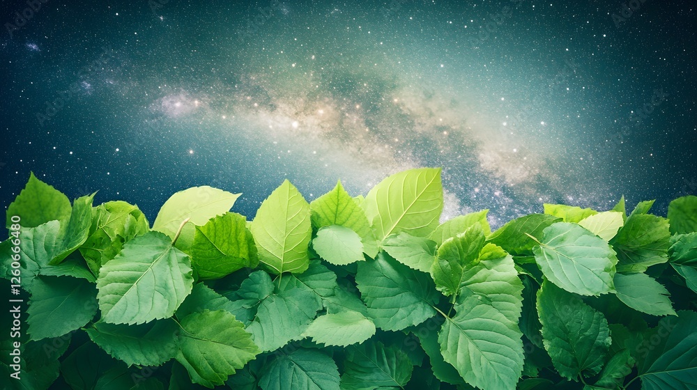Vibrant Green Leaves Against Milky Way Galaxy Night Sky Vibrant Green Leaves Against Milky Way Galaxy Night Sky