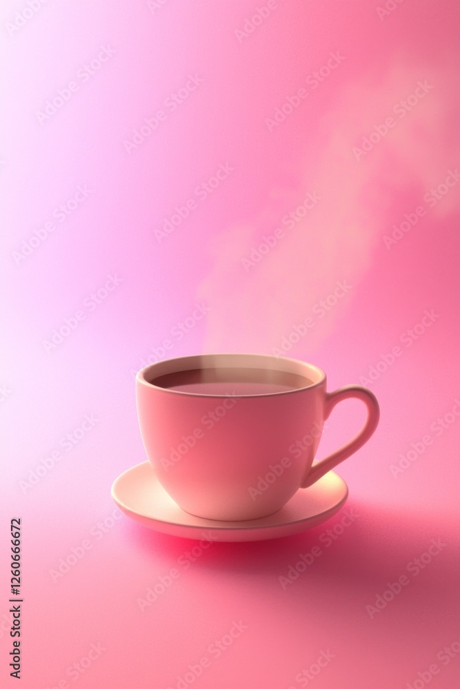 A delicate pink cup rests on a matching saucer, filled with steaming coffee that releases gentle wisps of vapor. The soft pastel background enhances a soothing atmosphere A delicate pink cup rests on a matching saucer, filled with steaming coffee that releases gentle wisps of vapor. The soft pastel background enhances a soothing atmosphere