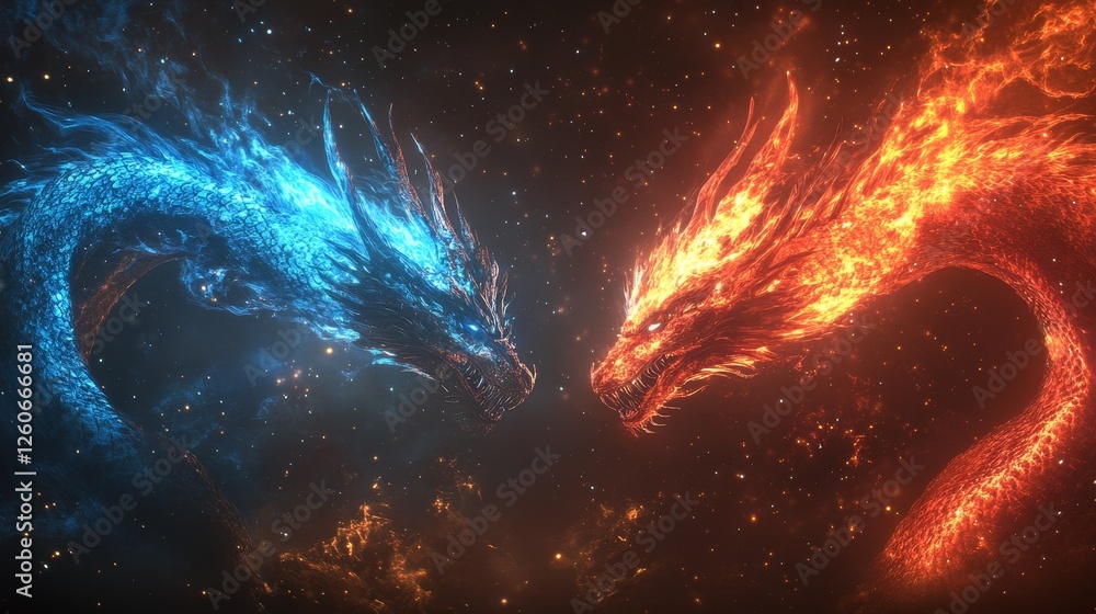 Fire Dragon and Ice Dragon Confrontation - Two majestic dragons, one fire and one ice, face off in a cosmic battle of elements. Stunning art Fire Dragon and Ice Dragon Confrontation - Two majestic dragons, one fire and one ice, face off in a cosmic battle of elements. Stunning art