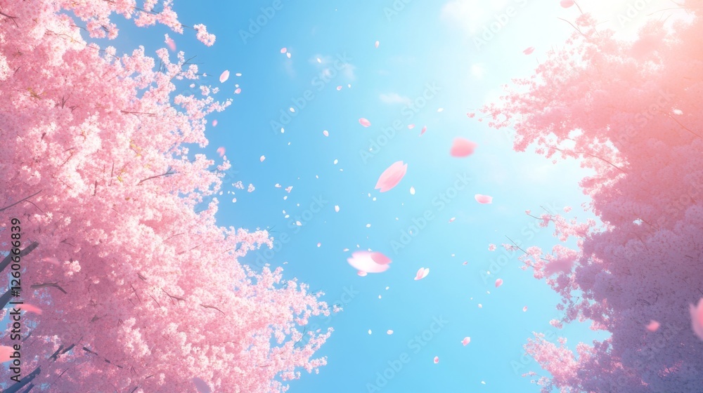 Fototapeta premium Cherry blossom petals falling under clear blue sky in spring