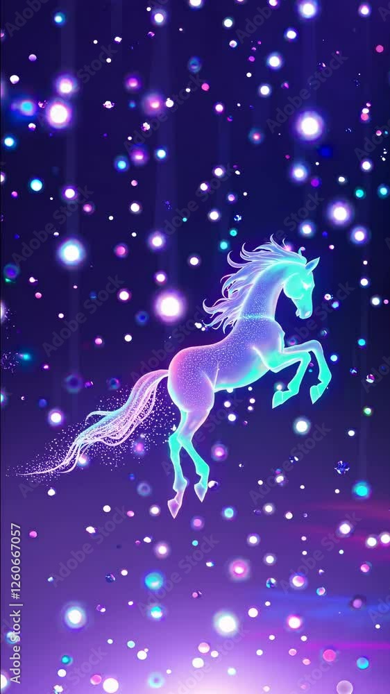 A glowing, ethereal horse amidst sparkling lights, captured from a low angle. The style is magical and dreamlike, ideal for a fantasy video theme. Suitable as mobile wallpaper. A glowing, ethereal horse amidst sparkling lights, captured from a low angle. The style is magical and dreamlike, ideal for a fantasy video theme. Suitable as mobile wallpaper.