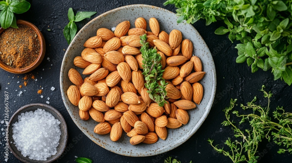 A beautifully arranged plate of roasted almonds with a sprinkle of sea salt, surrounded by fresh herbs and spices, perfect for a healthy snack display.