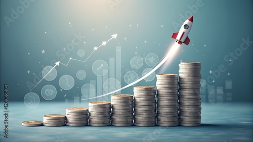 Growing investments concept with stacked coins and rocket launch, showcasing financial growth and skyrocketing profits