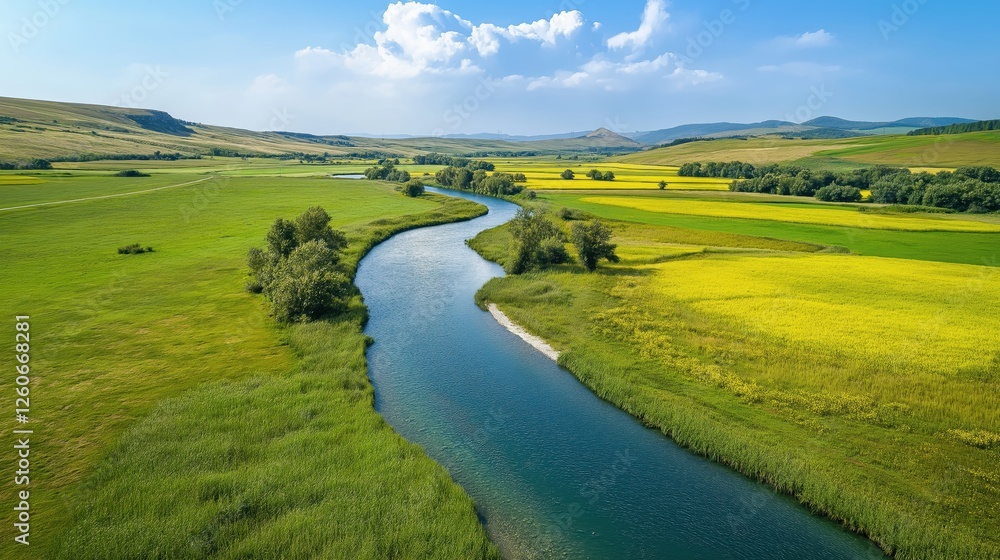 Naklejka premium Aerial view of a winding river through lush green fields and rolling hills on a sunny day