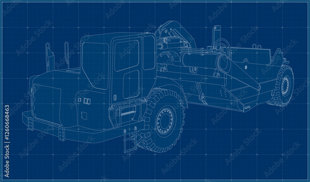 Obraz premium Scraper in perspective view. Blueprint of a quarry tractor. Drawing of heavy equipment on a blue background.