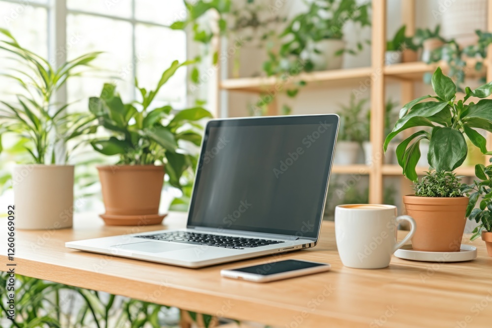 Clean Workspace Setup With Laptop, Smartphone, and Coffee Surrounded by Plants and Natural Light Clean Workspace Setup With Laptop, Smartphone, and Coffee Surrounded by Plants and Natural Light