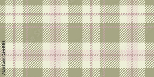 Beige, light pink, and olive green plaid design with intersecting lines and squares, creating a seamless, traditional look.