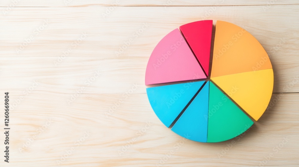 Obraz premium A close-up of a financial pie chart displaying customer demographics, with distinct colors for age groups and gender, arranged on a light wooden background for contrast.