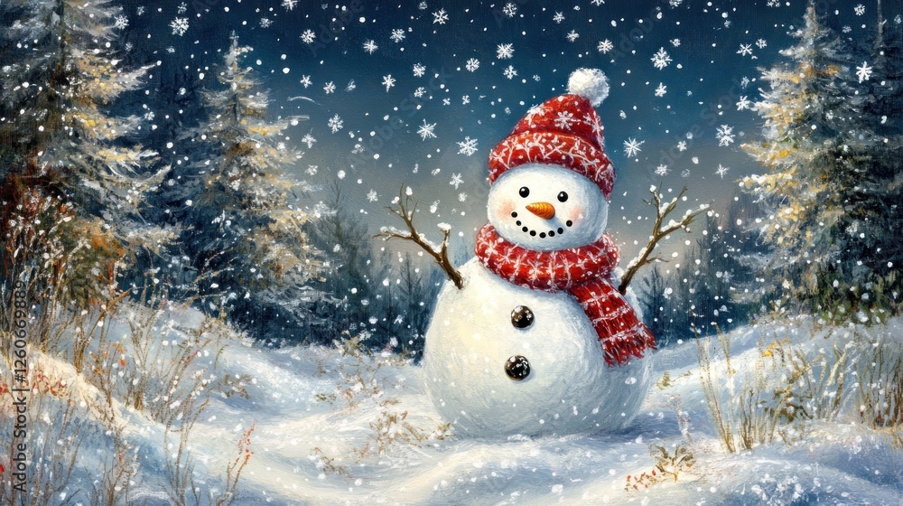 Obraz premium Smiling Snowman in Snowy Forest Scene; Festive Winter; Illustration
