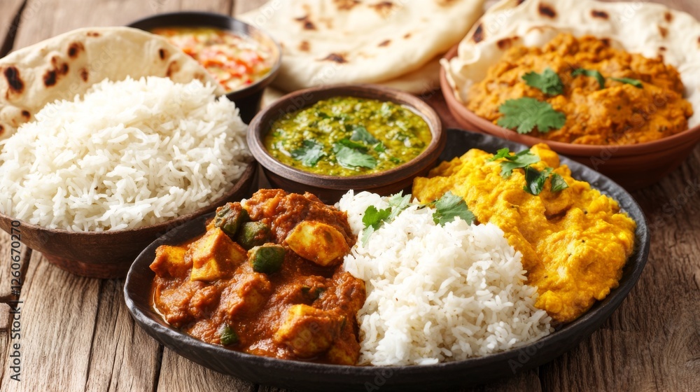A close-up of a thali platter filled with an assortment of curries, rice, and flatbreads, beautifully presented, highlighting the richness and variety of Indian dining. A close-up of a thali platter filled with an assortment of curries, rice, and flatbreads, beautifully presented, highlighting the richness and variety of Indian dining.