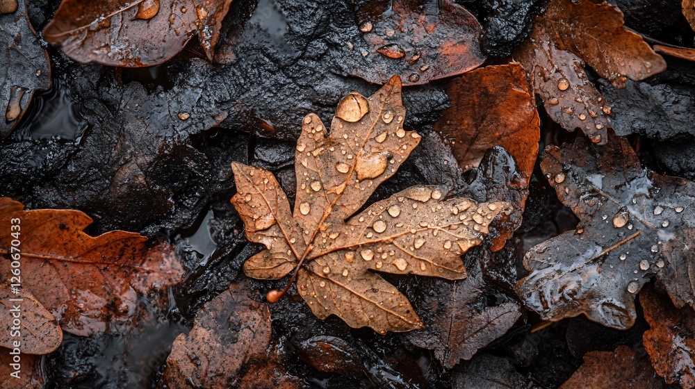 A close-up of fallen autumn leaves covered in raindrops, resting on a damp forest floor, highlighting rich earthy tones and seasonal beauty. A close-up of fallen autumn leaves covered in raindrops, resting on a damp forest floor, highlighting rich earthy tones and seasonal beauty.