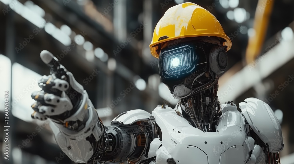 A futuristic humanoid robot wearing a yellow safety helmet is standing in an industrial environment A futuristic humanoid robot wearing a yellow safety helmet is standing in an industrial environment