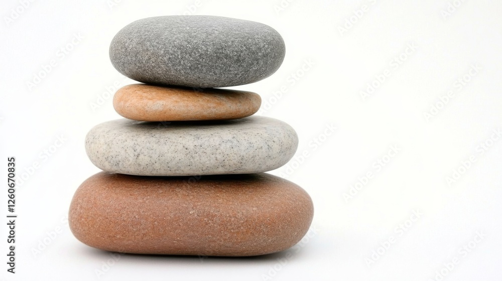Balanced stack of smooth multicolored stones on white background Balanced stack of smooth multicolored stones on white background