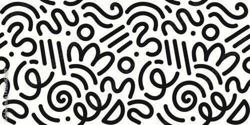 Memphis geometric seamless pattern. blue and white abstract background in retro 80s, 90s style with various shapes: circles, semicircles, dots, zigzags, spirals, wavy lines. Cute kid doodle design.	