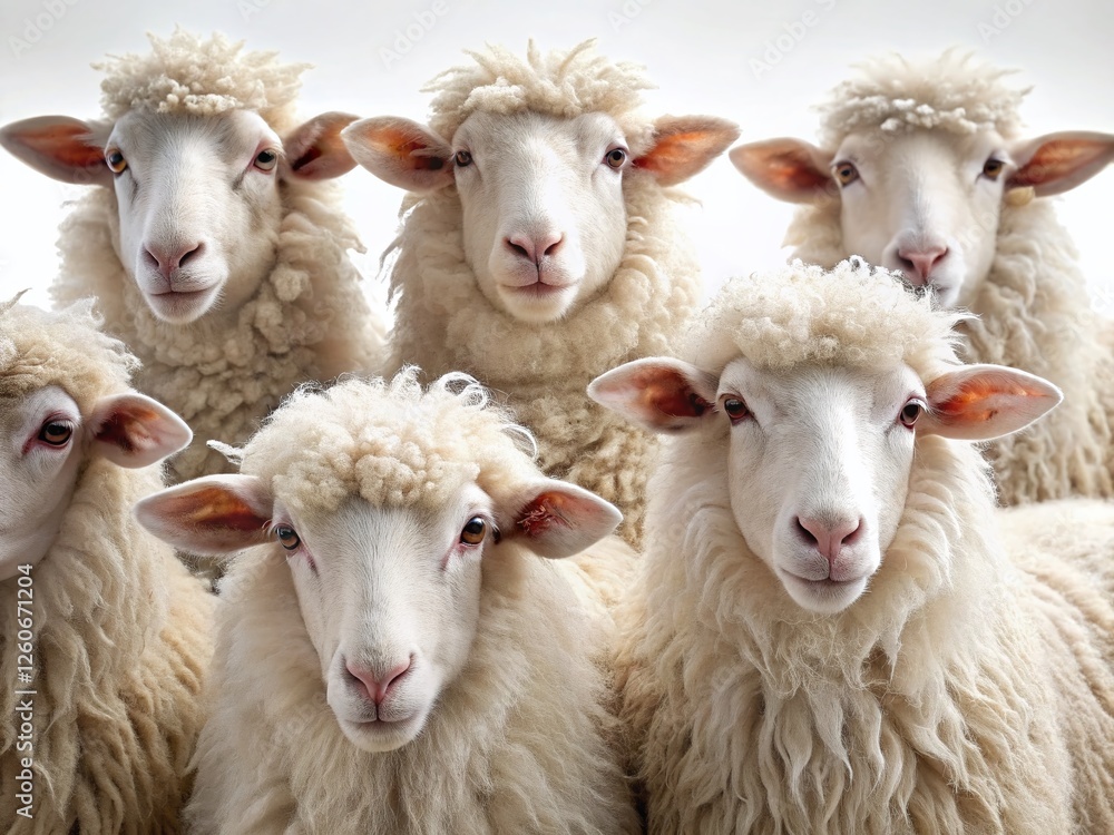 Fototapeta premium Fluffy White Sheep Close-Up Macro Photography: Eight Sheep Huddled Together