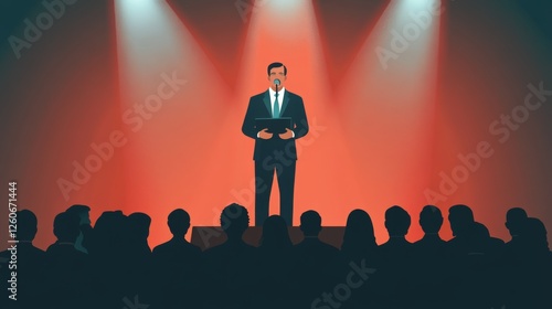 Male speaker on stage in spotlight facing audience