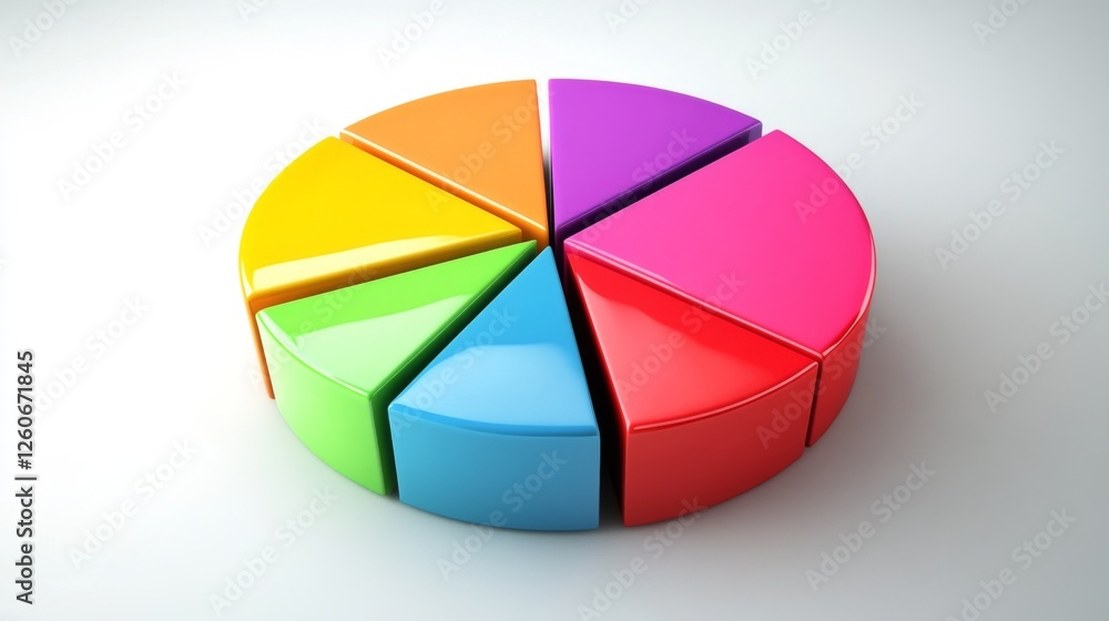 Fototapeta premium A colorful D pie chart with vibrant segments floating slightly above a white surface, each slice labeled clearly to represent different data categories.