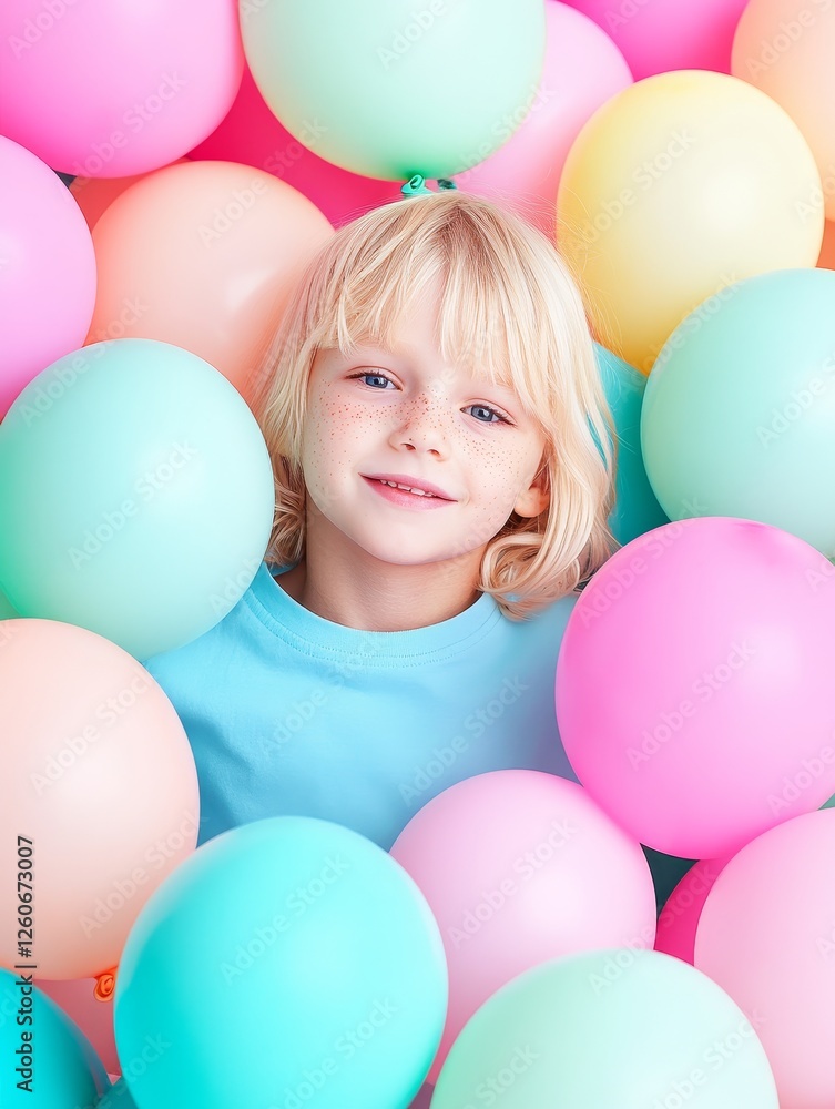 Obraz premium Happy Child Surrounded by Colorful Balloons - A joyful child with blond hair and freckles is playfully surrounded by soft pastel balloons, symbolizing happiness, celebration, childhood joy, innocence