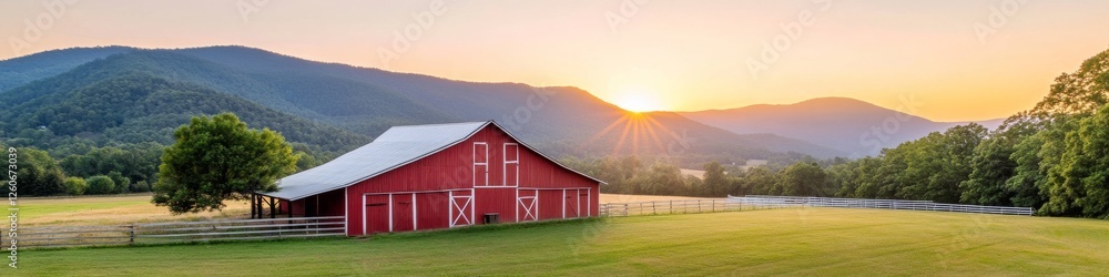 Serene Sunrise Over a Red Barn in Rolling Hills Serene Sunrise Over a Red Barn in Rolling Hills