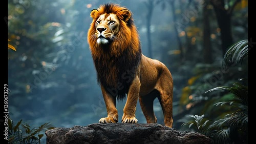 Majestic lion standing proudly on a rock in a lush, green jungle, showcasing its power and beauty