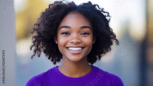 Smiling female teen with curly hair in purple shirt photo