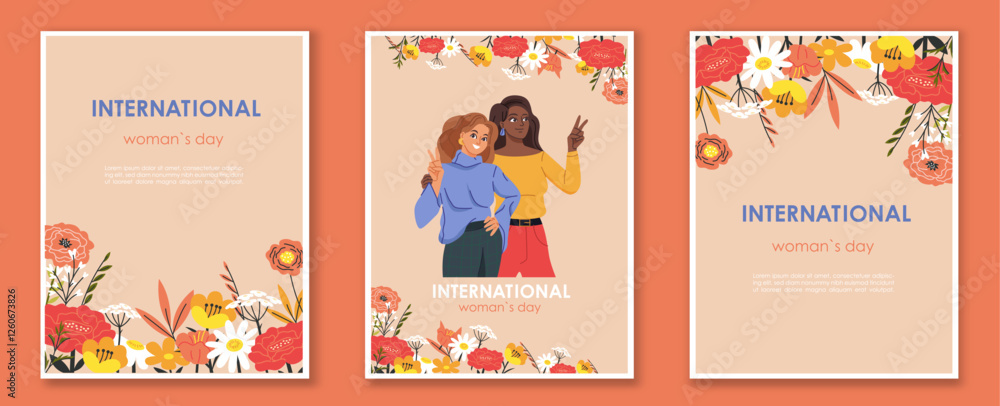 Fototapeta premium International Women s Day floral posters with diverse women illustration.