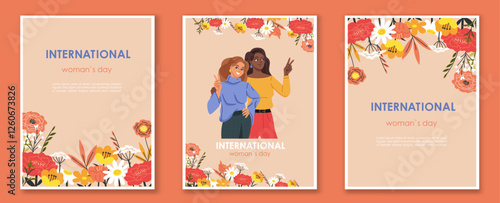 International Women s Day floral posters with diverse women illustration.