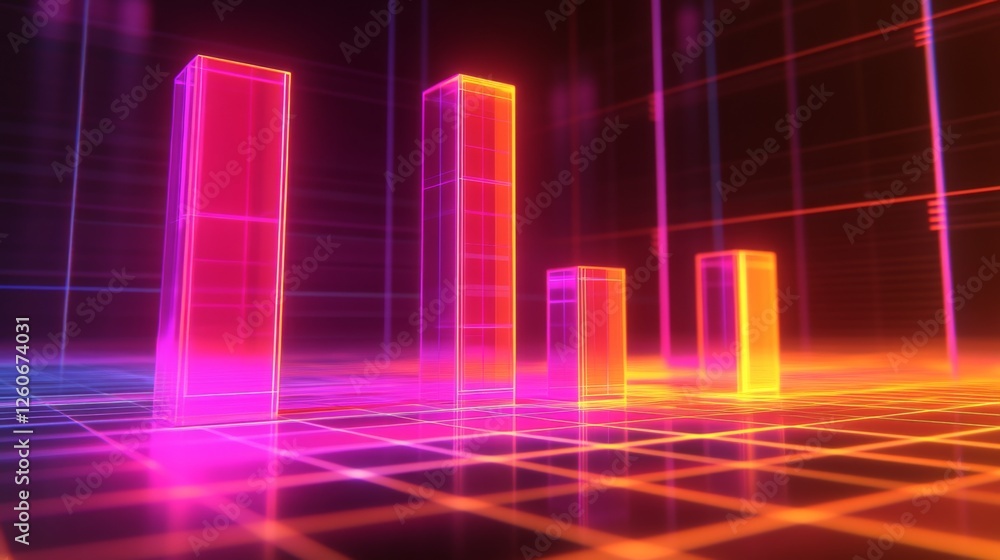 A dynamic D bar graph with glowing neon bars, showing data comparison in a high-tech setting with grid lines and axis markers. A dynamic D bar graph with glowing neon bars, showing data comparison in a high-tech setting with grid lines and axis markers.