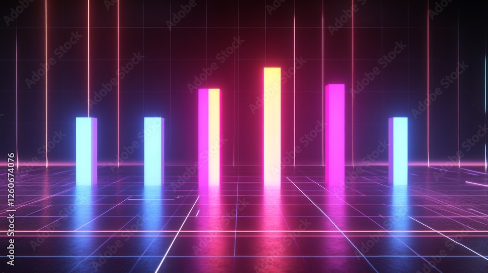 A dynamic D bar graph with glowing neon bars, showing data comparison in a high-tech setting with grid lines and axis markers. A dynamic D bar graph with glowing neon bars, showing data comparison in a high-tech setting with grid lines and axis markers.