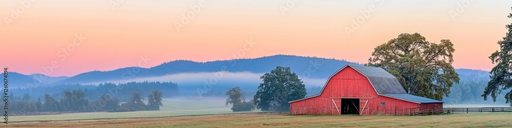 Serene Sunrise Over a Red Barn in Rolling Hills Serene Sunrise Over a Red Barn in Rolling Hills