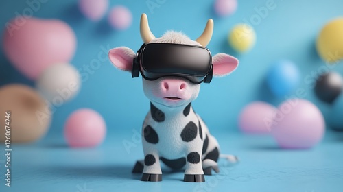 Cute cow in VR headset, pastel background, playful mood, tech illustration