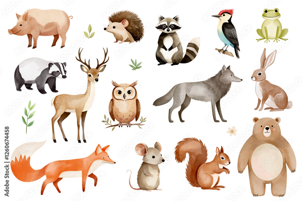 Obraz premium Watercolor woodland animals. Set of hand drawn wild forest animals. Bear, fox, wolf, owl, reindeer, boar, hedgehog.