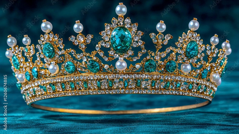 Fototapeta premium A majestic gold crown adorned with emeralds and pearls. This exquisite piece of jewelry radiates luxury and royalty, perfect for adding a touch of regal splendor to any occasion.