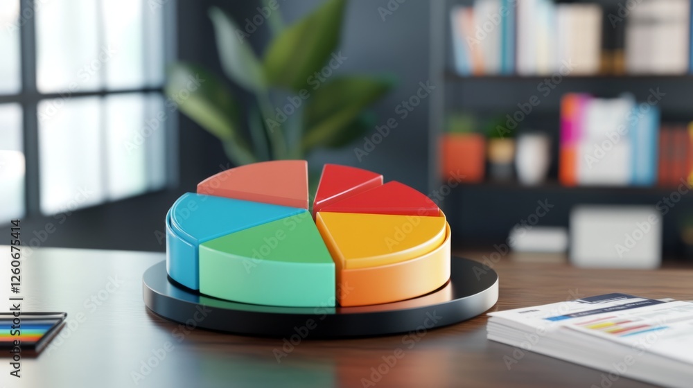 Fototapeta premium A financial pie chart in D, showing quarterly profit distribution, with clear labels and percentages, displayed on a modern office desk background.