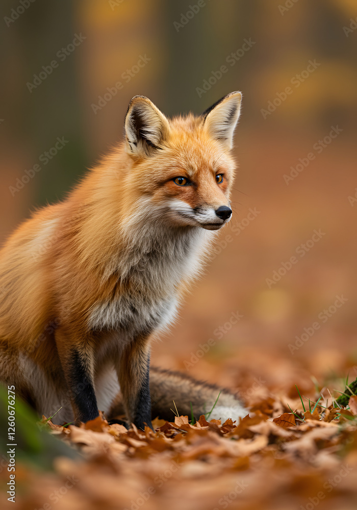 A fox with brilliant red fur stands watchful on a leaf-covered forest floor. Its ears perk up, and its gaze shifts left, capturing the essence of autumn’s crisp air and golden hues A fox with brilliant red fur stands watchful on a leaf-covered forest floor. Its ears perk up, and its gaze shifts left, capturing the essence of autumn’s crisp air and golden hues