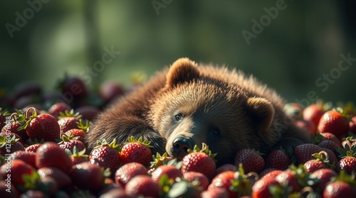 A brown bear resting among ripe strawberries with sunlight filtering through the trees. The bear appears calm in a lush, natural setting, showcasing photo