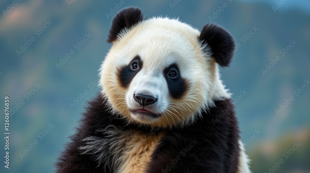 Obraz premium Close-up portrait of a panda bear with a gentle expression and soft fur, surrounded by natural greenery