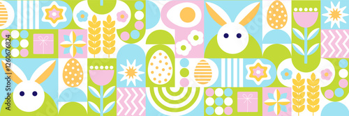 Seamless Easter pattern in modern minimalist style with geometric shapes, eggs. Abstract template for poster, branding, advertising, postcard, prints, banner.