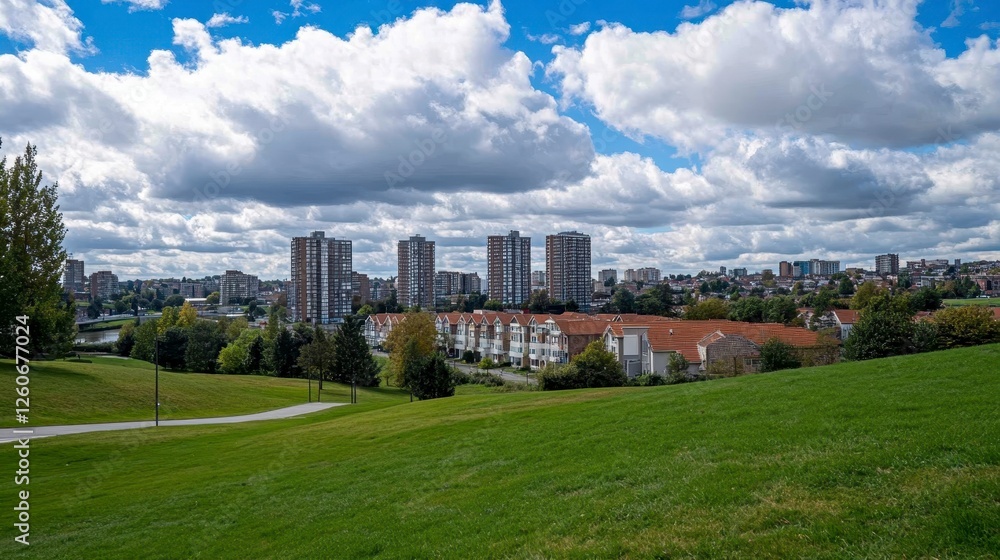 Fototapeta premium Panoramic view of a city skyline beyond a grassy hilltop park, showcasing a mix of high rise buildings and residential structures. The foreground