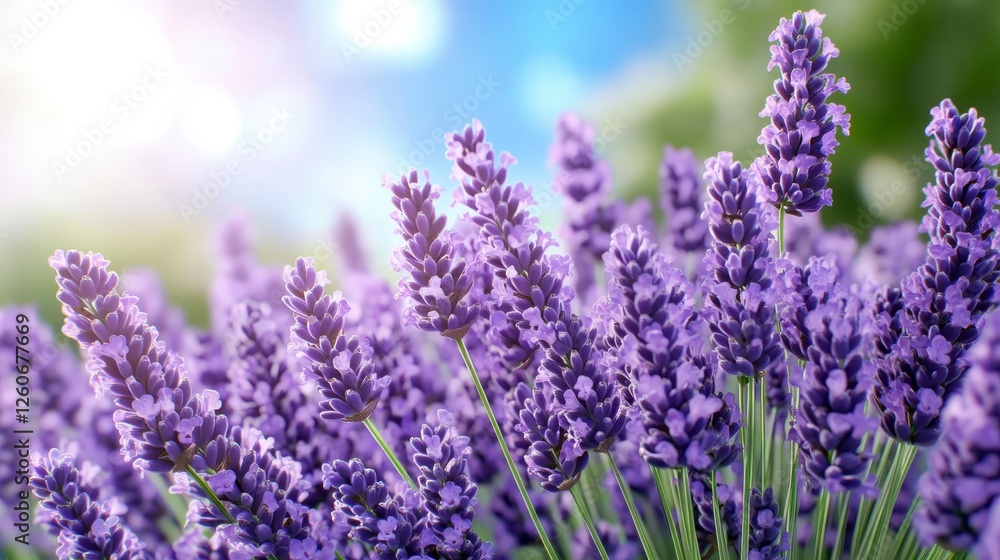 Naklejka premium Close up of vibrant purple flowers in full bloom, bathed in soft sunlight. Flowers are clustered closely together, creating a lush, textured field of