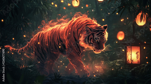 Enchanted Tiger with Fiery Trails in a Mystic Jungle photo