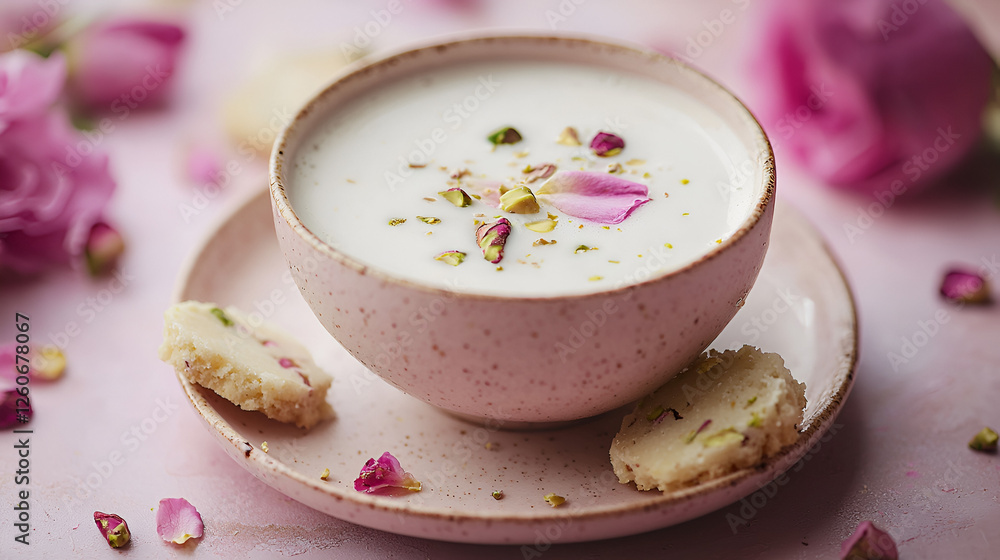 Elegant creamy soup garnished with pistachio nuts and rose petals, served with delicate pastries. Elegant creamy soup garnished with pistachio nuts and rose petals, served with delicate pastries.