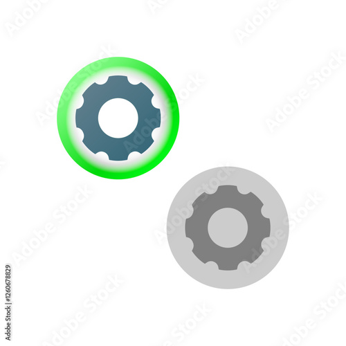 Flat illustration of two gears representing system status. green gear indicates an active or running program,  gray gear represents an inactive or stopped function. for system status indicators