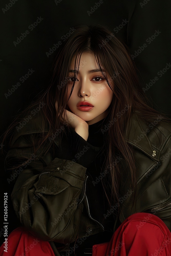 Naklejka premium Pensive Young Woman in Dark Green Leather Jacket and Red Pants