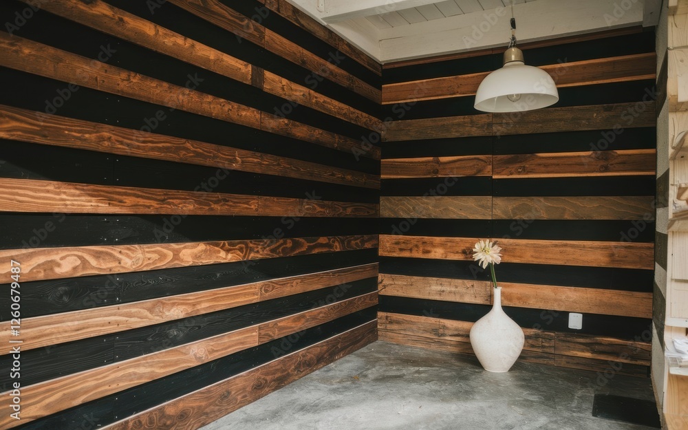 Obraz premium A minimalist room featuring a black and brown striped wooden wall, a white vase with a flower, and a pendant light overhead.