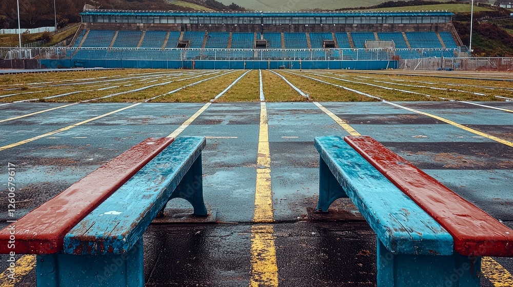 custom made wallpaper toronto digitalAbandoned Athletic Stadium: A Glimpse into the Past. Weathered benches and overgrown track tell a story of forgotten competitions and faded glory. A nostalgic scene of solitude and decay.
