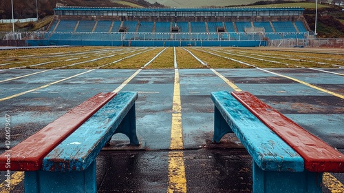 Wallpaper Mural Abandoned Athletic Stadium: A Glimpse into the Past. Weathered benches and overgrown track tell a story of forgotten competitions and faded glory. A nostalgic scene of solitude and decay. Torontodigital.ca