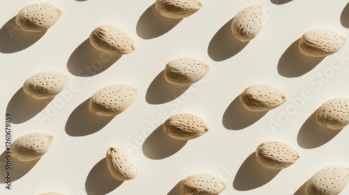 Wallpaper Mural Almond nuts pattern on white background. Creative food photography. Possible use Food product presentation, healthy snack, social media content Torontodigital.ca