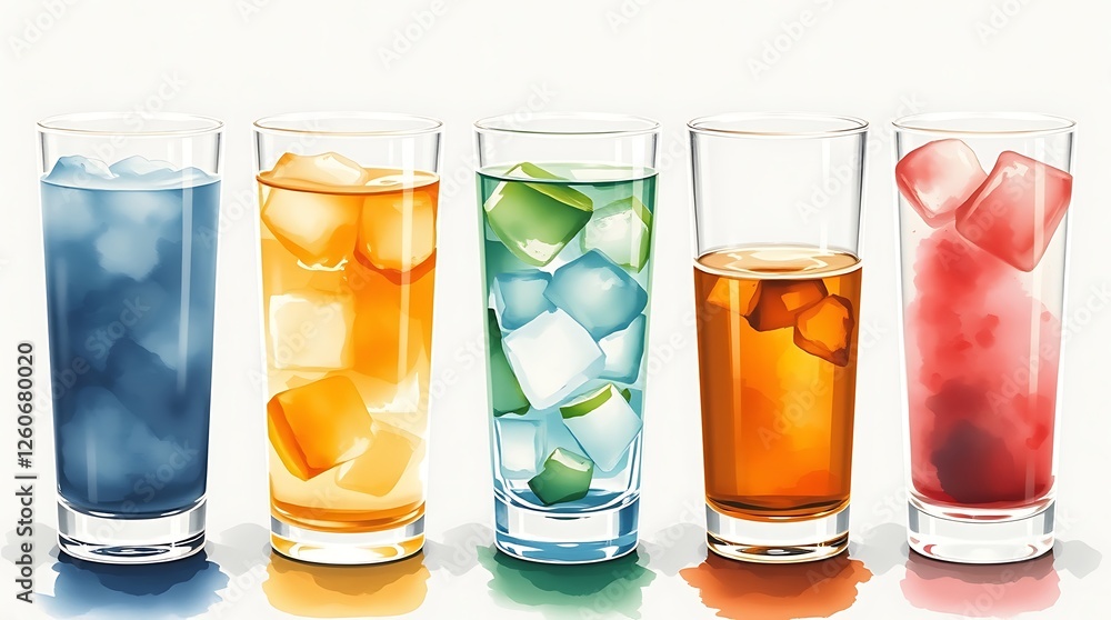 Composition with five glasses of drinks Composition with five glasses of drinks